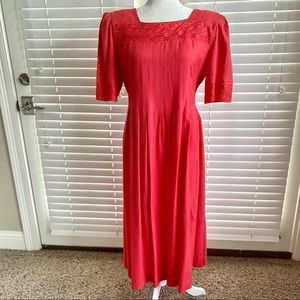 Vintage Sarah Elizabeth Red Embroidered Modest Maxi Dress Size 14 Victorian Goth